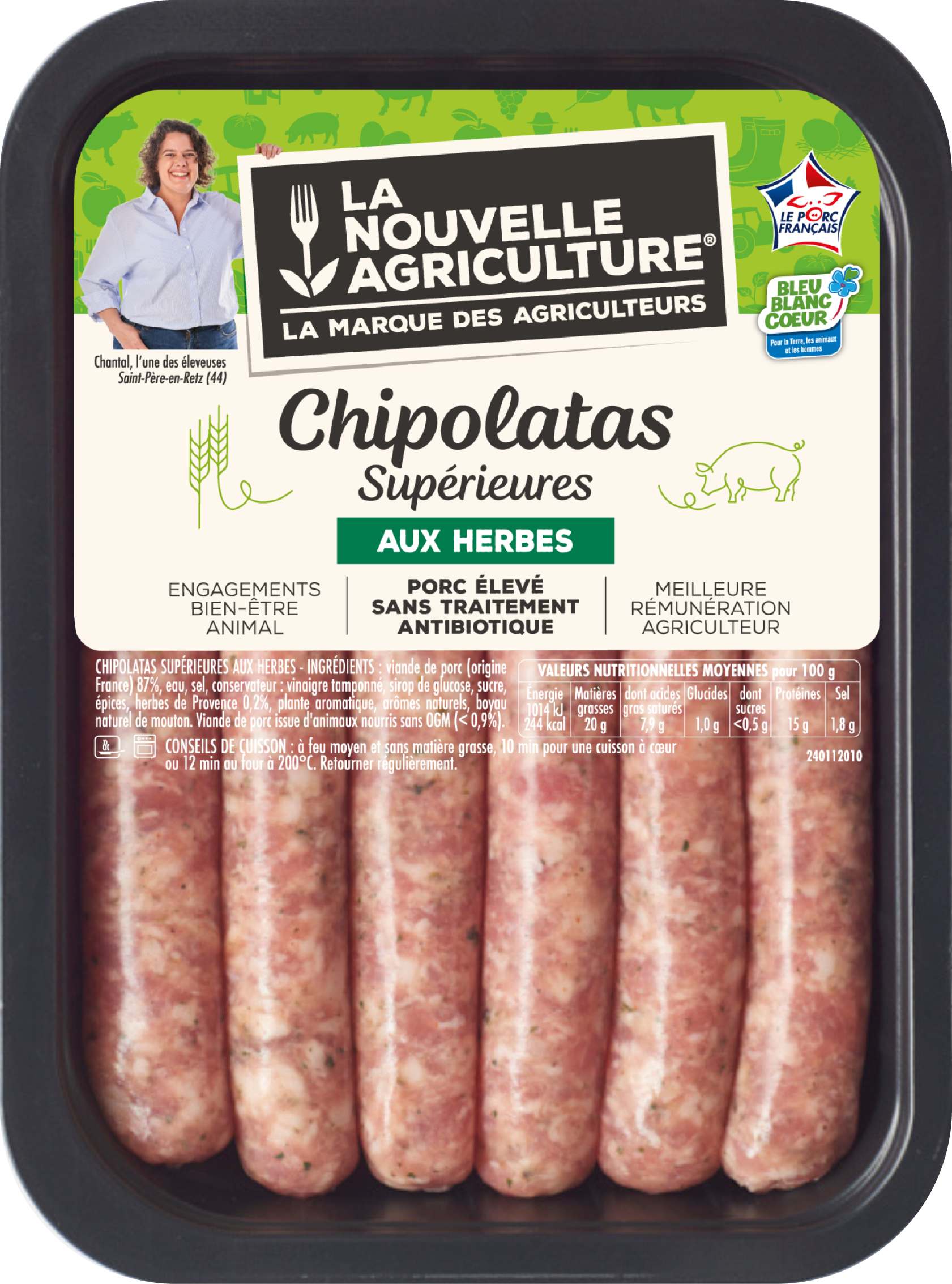 Pack produit de Chipolatas supérieures de porc aux herbes Bleu-Blanc-Cœur La Nouvelle Agriculture