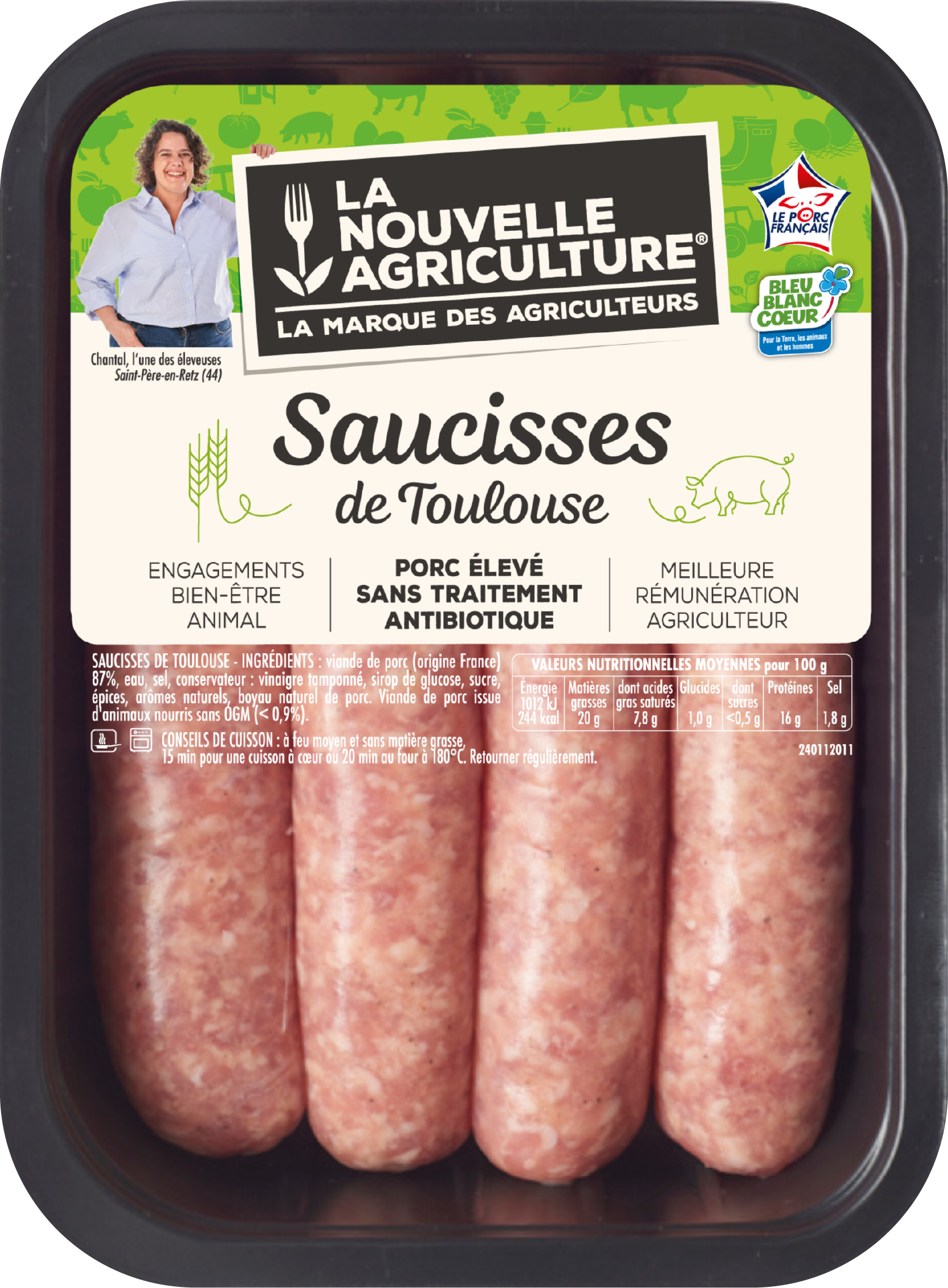Pack produit de Saucisses de Toulouse de porc Bleu-Blanc-Cœur La Nouvelle Agriculture