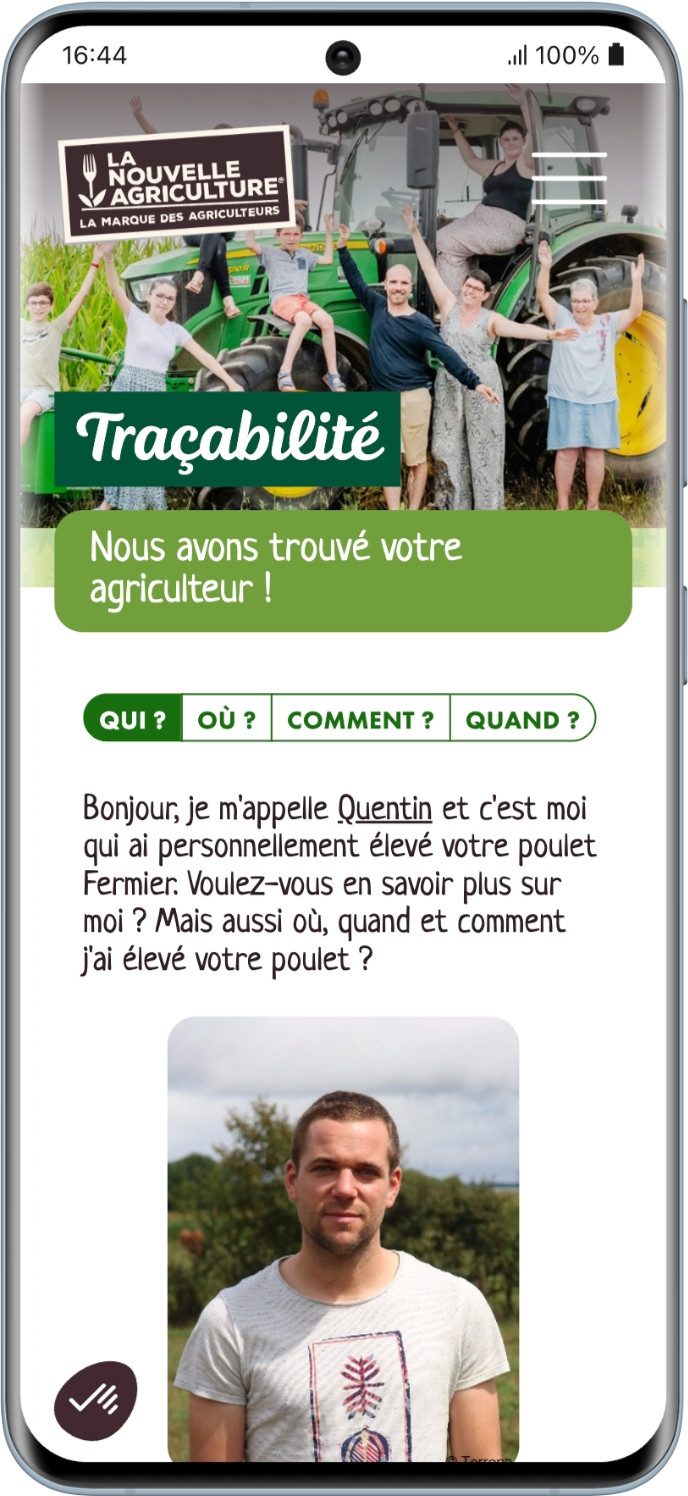 Capture d'écran de la page Traçabilité du site de La Nouvelle Agriculture - étape 2 : retrouvez votre agriculteur